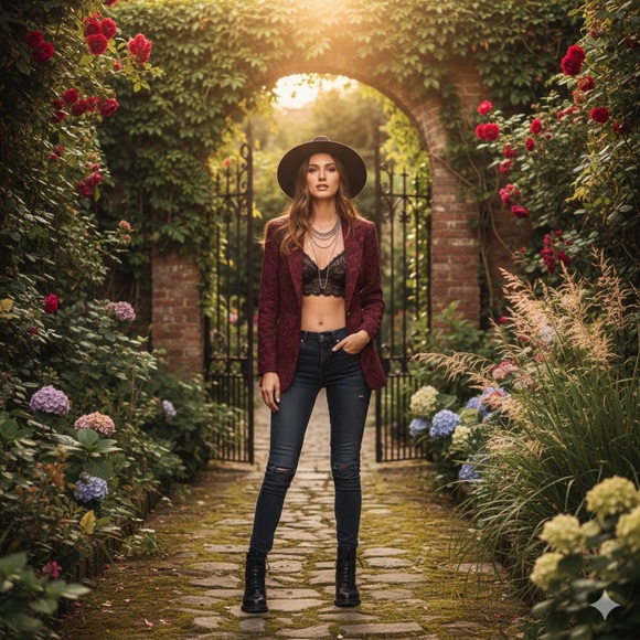 Free People Jackets & Blazers - Free People Burgundy Floral Jacquard Blazer Lace Up Back Victorian Boho Jacket